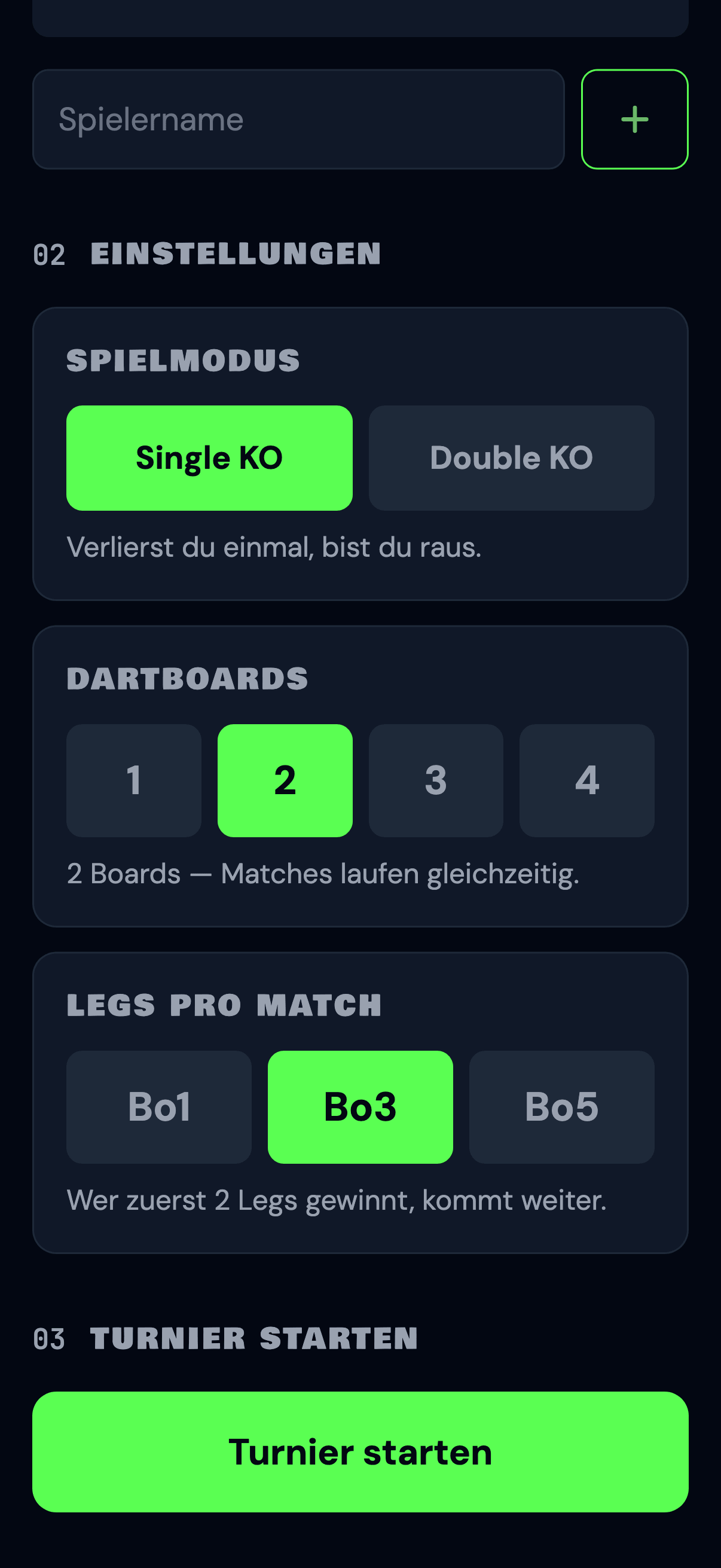 Einstellungen — Spielmodus, Dartboards und Legs pro Match wählen